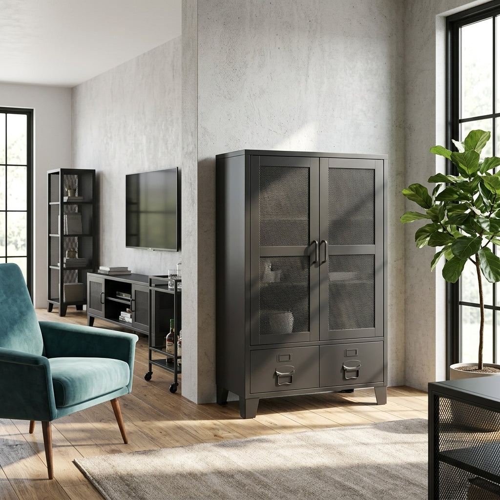 Armoire coffre de rangement industriel en métal noir style loft - vue détaillée