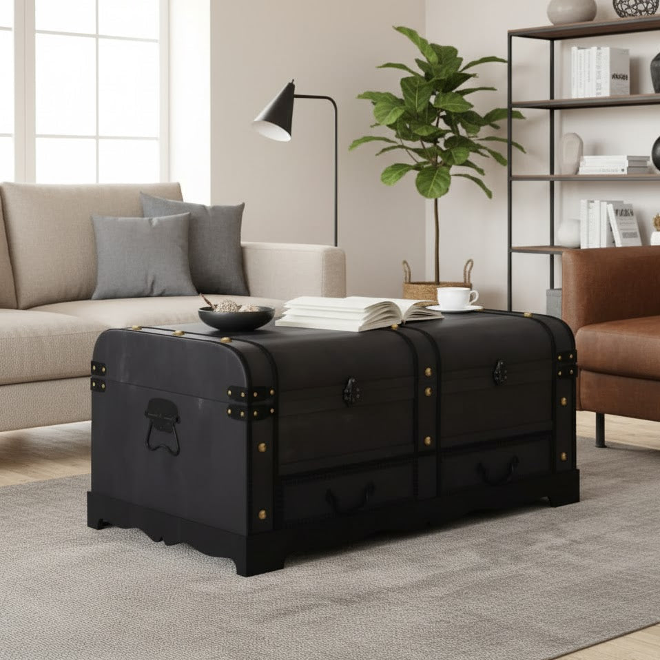 Grand coffre de rangement en bois noir | Malle de salon contemporaine grand volume