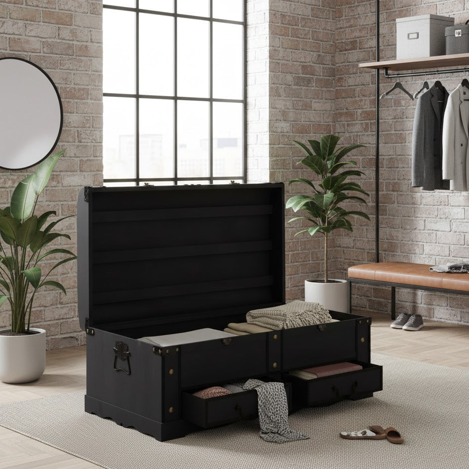 Grand coffre de rangement en bois noir | Malle de salon contemporaine grand volume