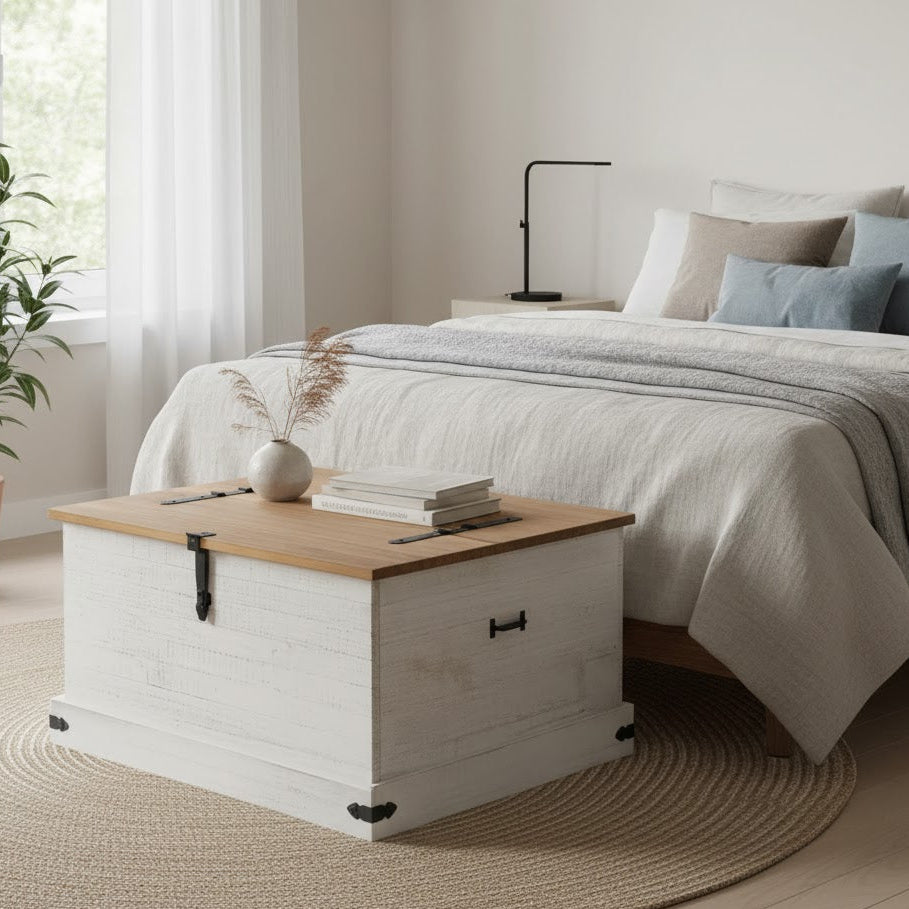 Table basse coffre carrée Halden en pin massif | Meuble de rangement de salon en bois