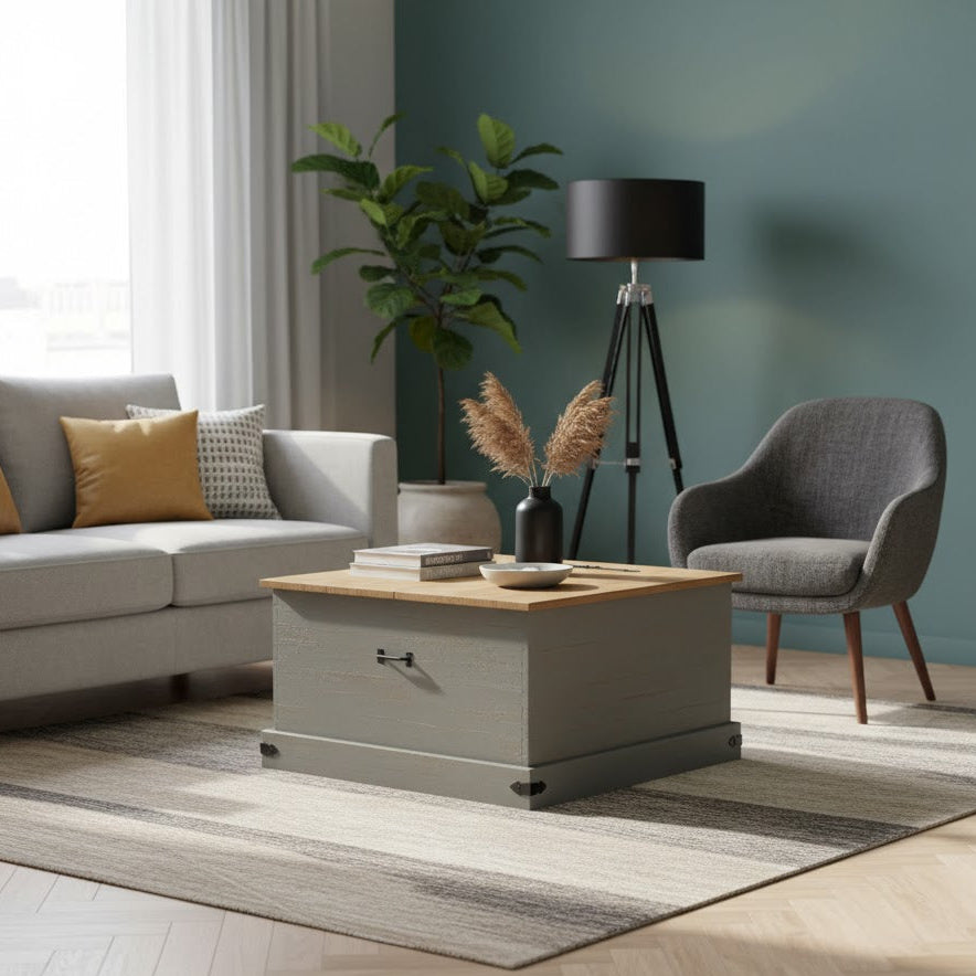 Table basse coffre carrée Halden en pin massif | Meuble de rangement de salon en bois
