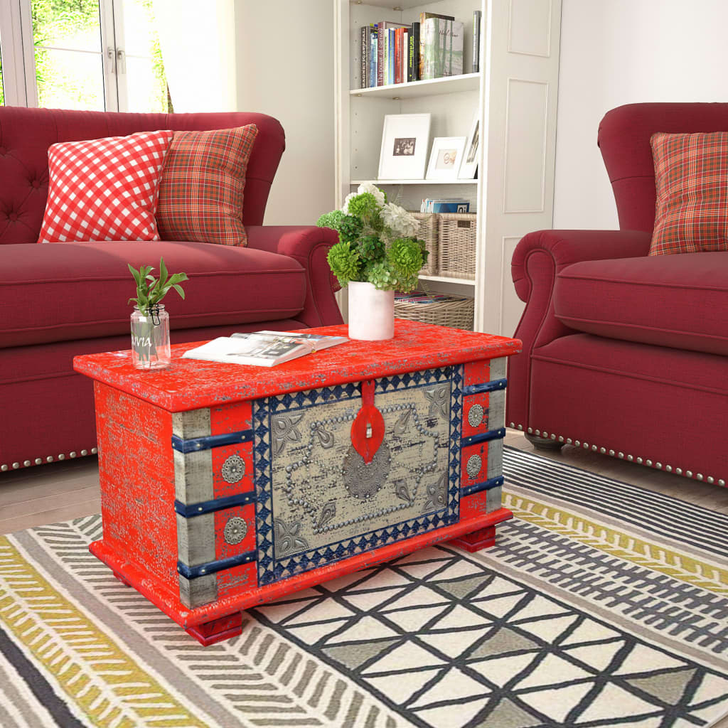 Coffre de rangement en bois rouge | Malle de salon en bois massif style ethnique