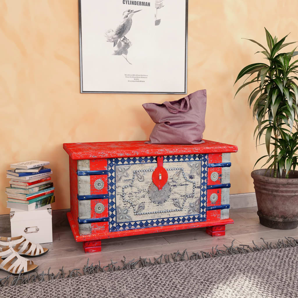 Coffre de rangement en bois rouge | Malle de salon en bois massif style ethnique