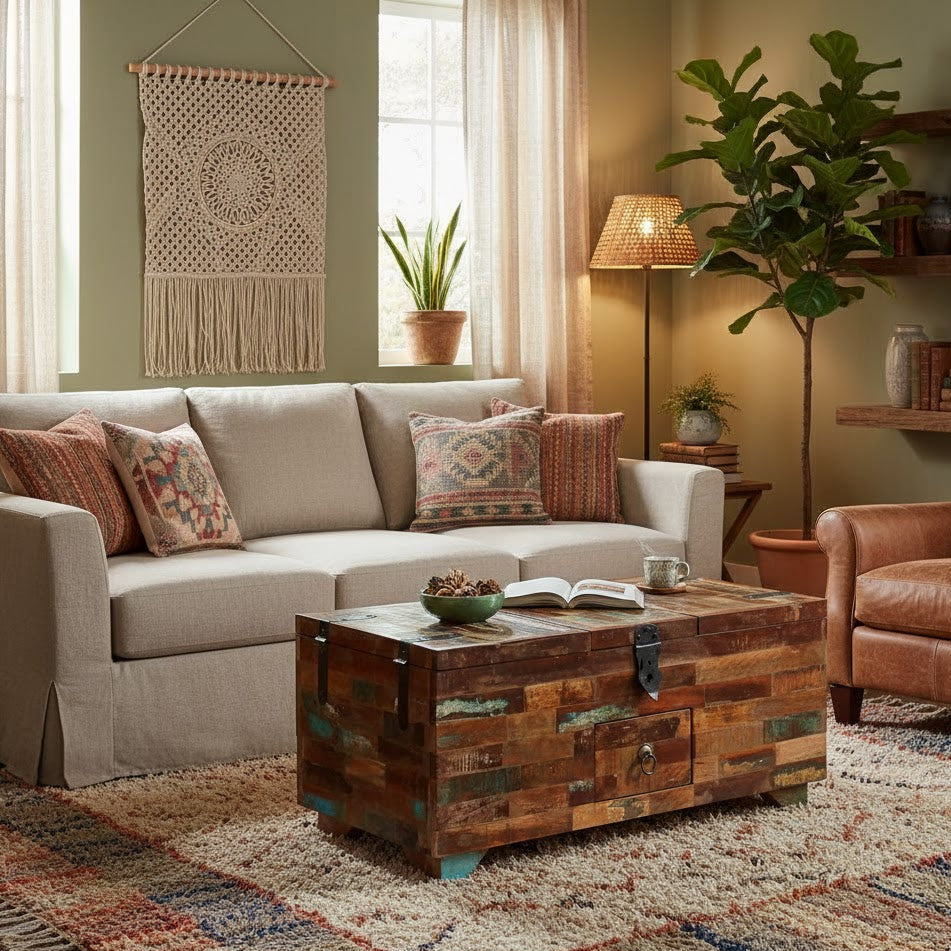 Table basse coffre en bois de récupération | Meuble de salon avec rangement intégré