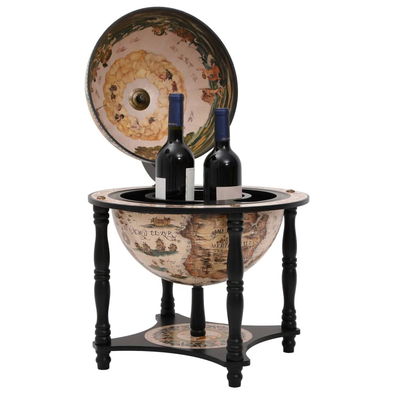 Meuble bar globe terrestre noir en bois d'eucalyptus | Support à vin et bouteilles