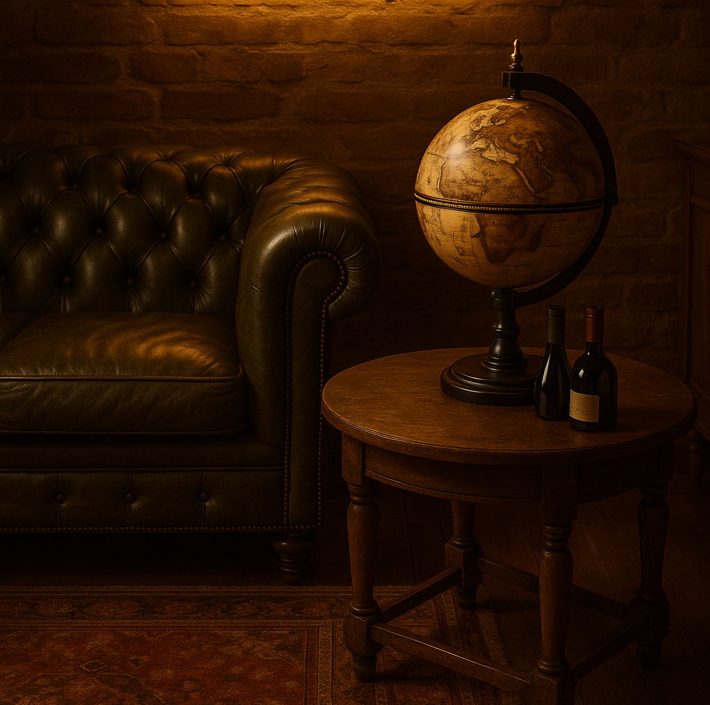 Meuble bar globe terrestre noir en bois d'eucalyptus | Support à vin et bouteilles