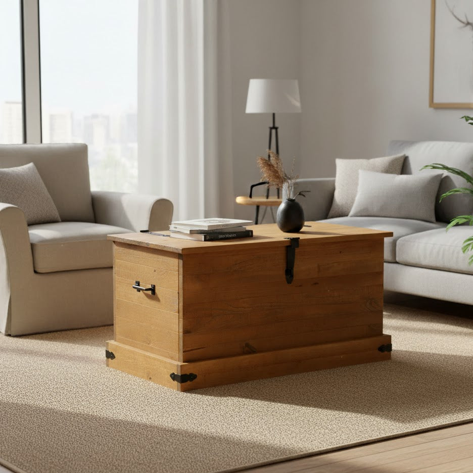 Coffre De Rangement Halden 91X48X47 Cm Bois Massif Pin